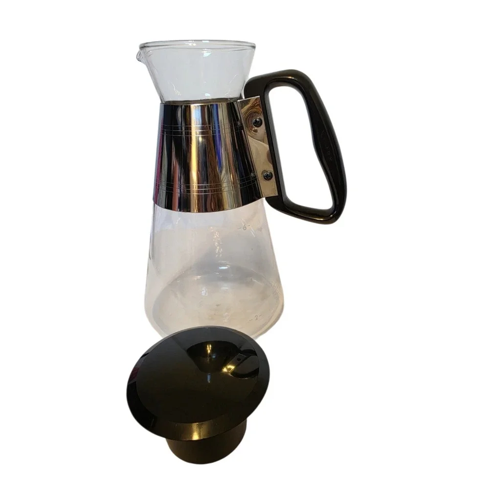 Vintage Pyrex for Silex 6 Cup Glass Coffee Carafe‎ Chrome Band Black Handle MCM